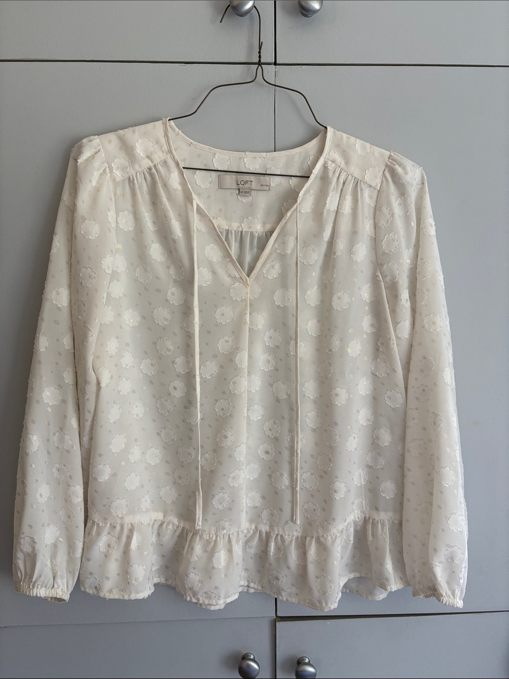 LOFT Cream Floral Tie-Front Peplum Blouse
